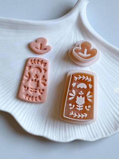 Folk Floral Rectangle Polymer Clay Cutter Imprint Earring Cutter