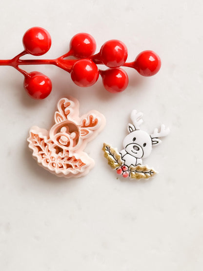 Reindeer with Holly Clay Cutter – Christmas Polymer Clay Stud Shape