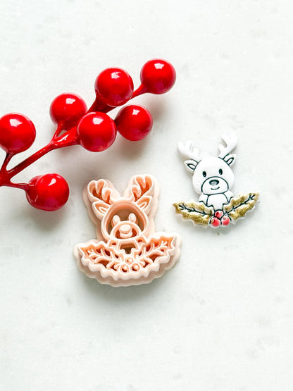 Reindeer with Holly Clay Cutter – Christmas Polymer Clay Stud Shape