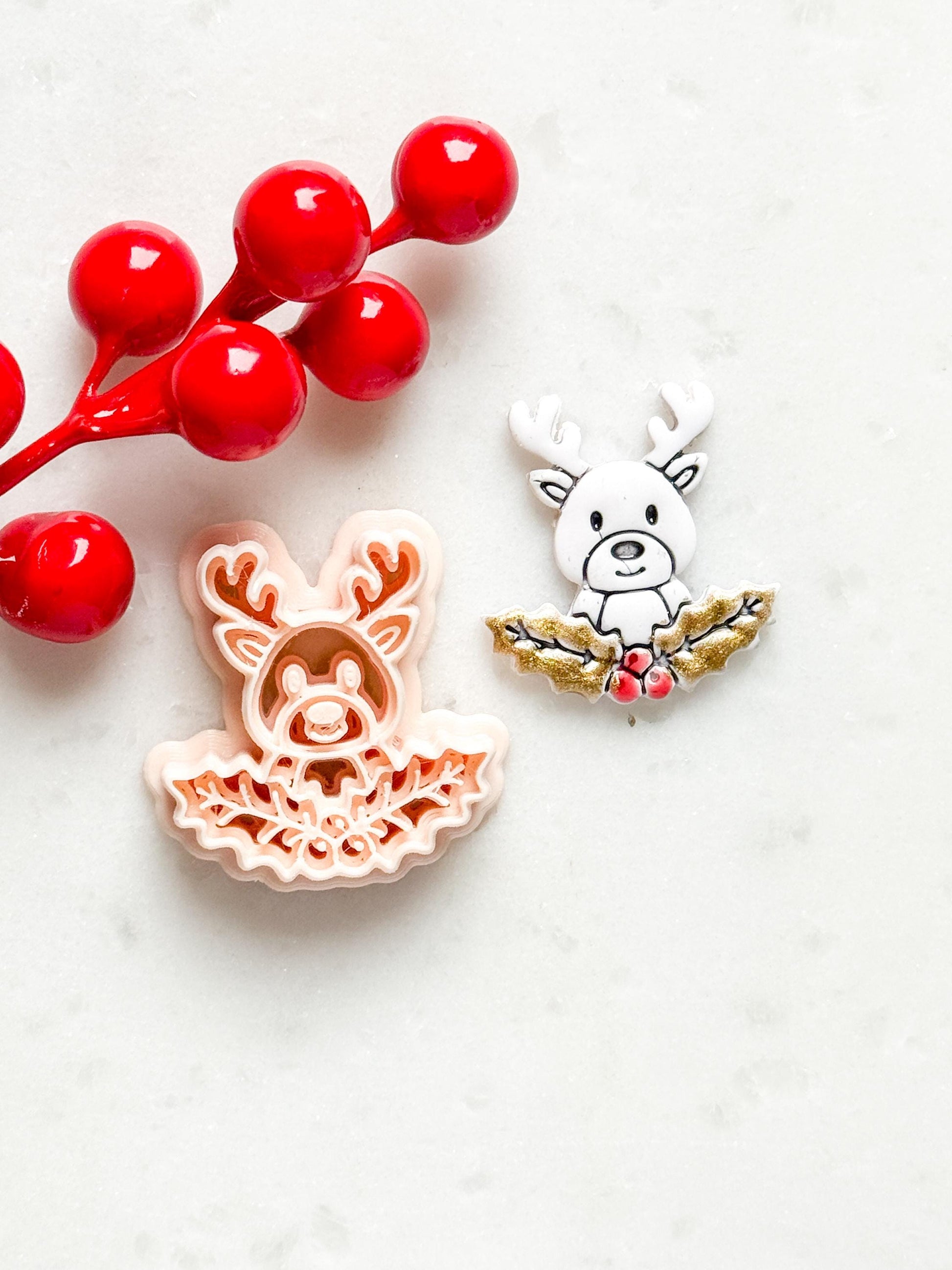 Reindeer with Holly Clay Cutter – Christmas Polymer Clay Stud Shape