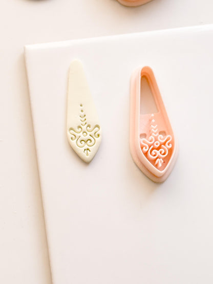 Ornate Long Drop Polymer Clay Cutter Swirl Engraved Shape for Statement Earrings & Jewelry