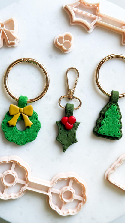 Christmas Keychain Clay Cutter – Wreath, Tree & Mistletoe Polymer Clay Tools for Holiday Crafts