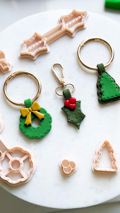 Christmas Keychain Clay Cutter – Wreath, Tree & Mistletoe Polymer Clay Tools for Holiday Crafts