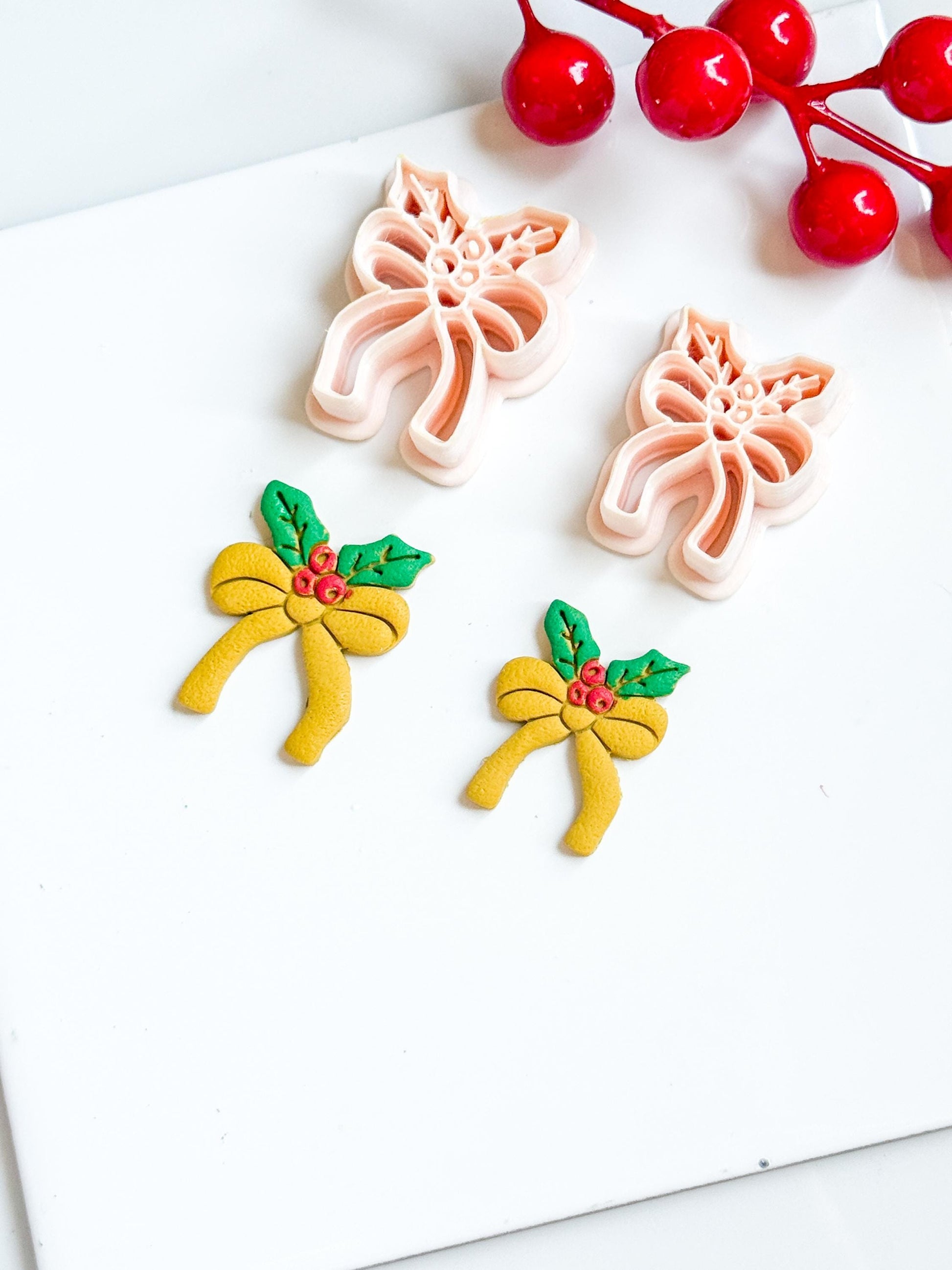 Christmas Bow with Holly Clay Cutter – Holiday Ribbon Polymer Clay Earring & Charm Tool