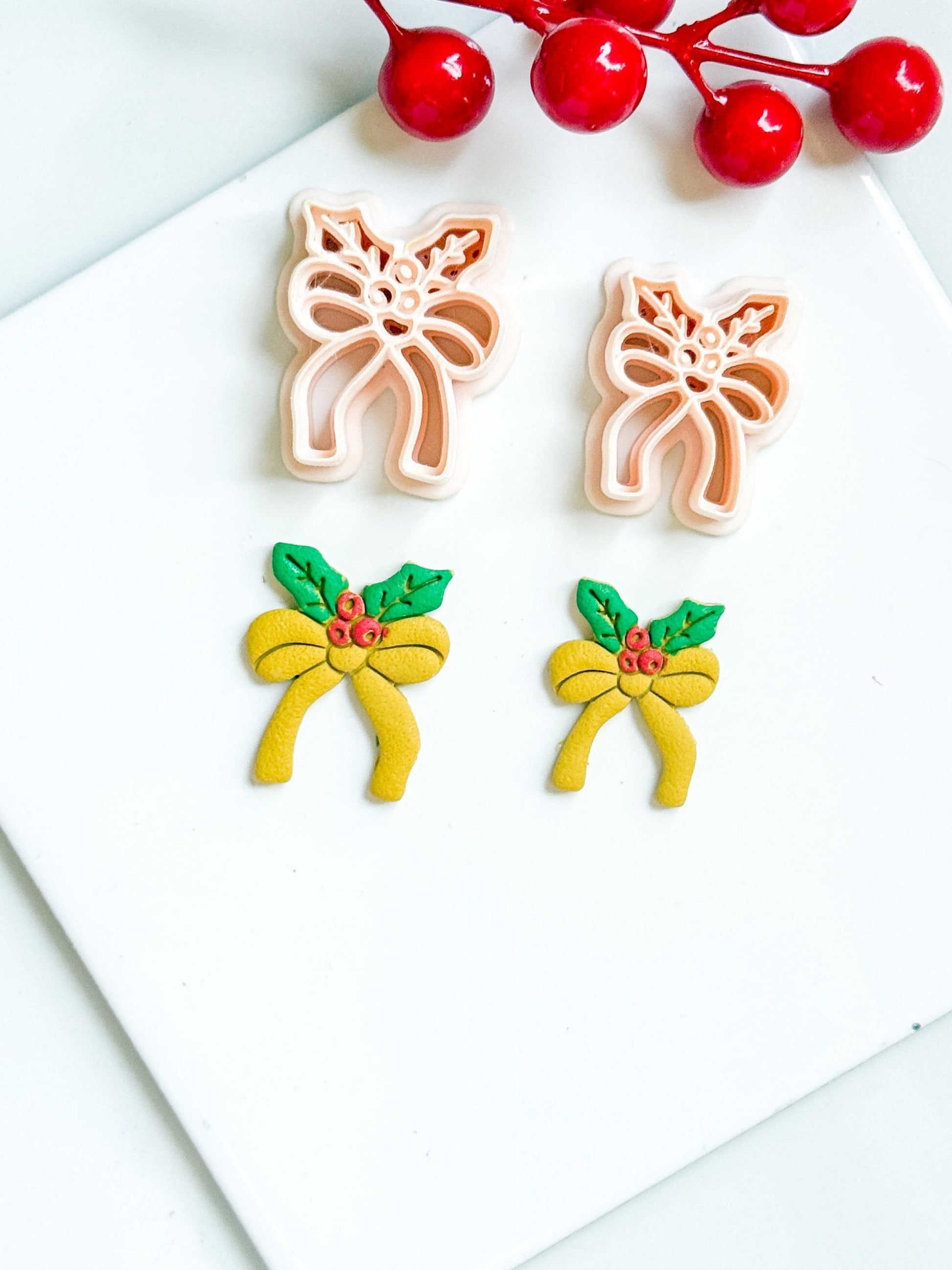Christmas Bow with Holly Clay Cutter – Holiday Ribbon Polymer Clay Earring & Charm Tool