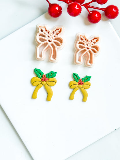 Christmas Bow with Holly Clay Cutter – Holiday Ribbon Polymer Clay Earring & Charm Tool
