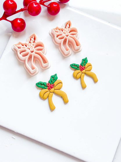 Christmas Bow with Holly Clay Cutter – Holiday Ribbon Polymer Clay Earring & Charm Tool