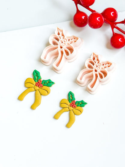 Christmas Bow with Holly Clay Cutter – Holiday Ribbon Polymer Clay Earring & Charm Tool
