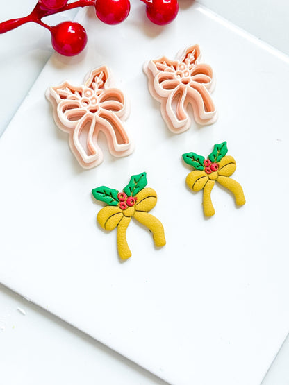 Christmas Bow with Holly Clay Cutter – Holiday Ribbon Polymer Clay Earring & Charm Tool