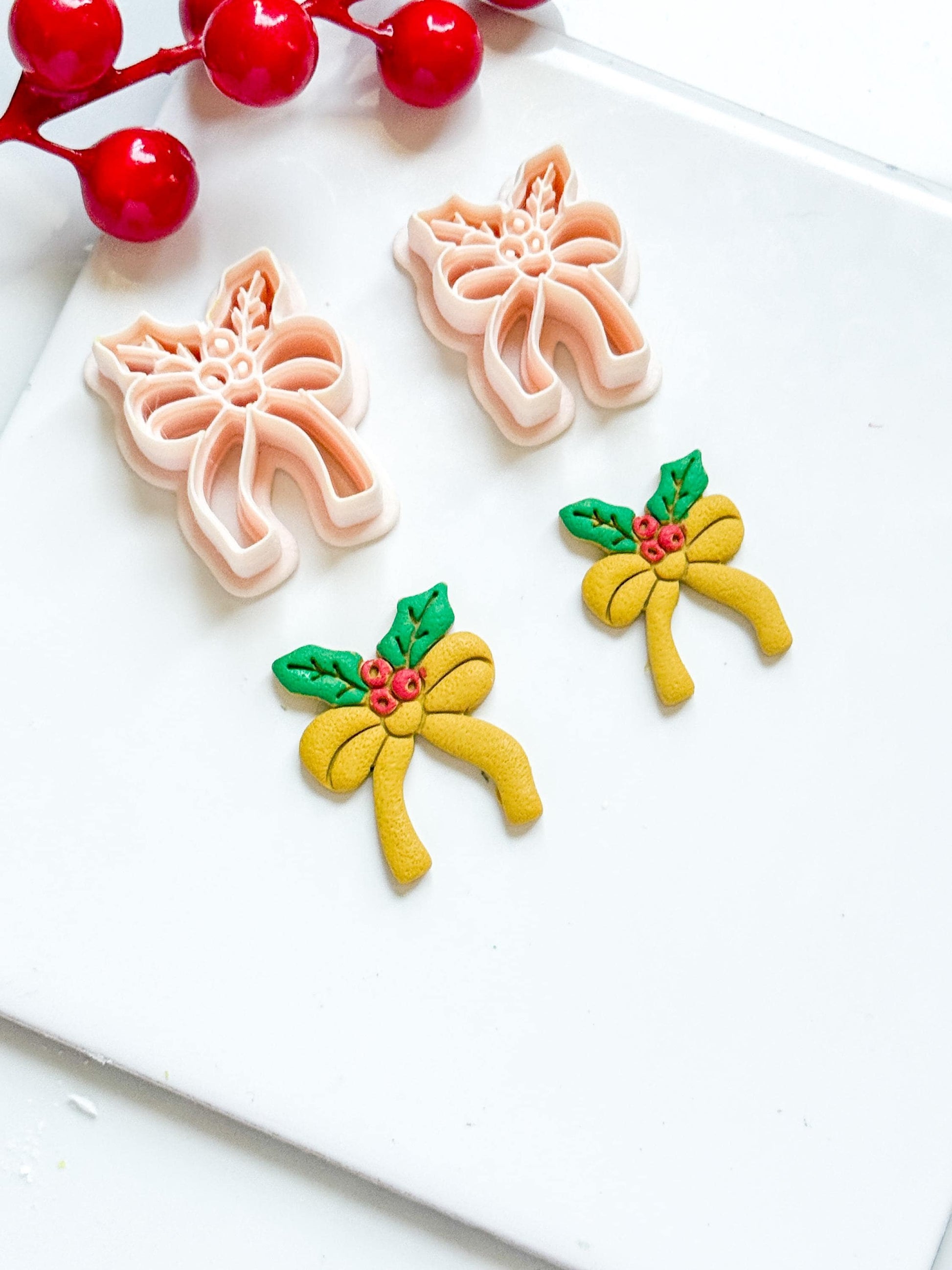 Christmas Bow with Holly Clay Cutter – Holiday Ribbon Polymer Clay Earring & Charm Tool