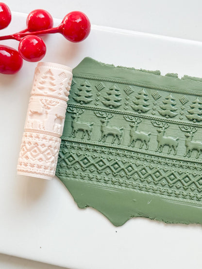 Christmas Sweater Embossing Roller – Reindeer and Tree Pattern Polymer Clay Tool