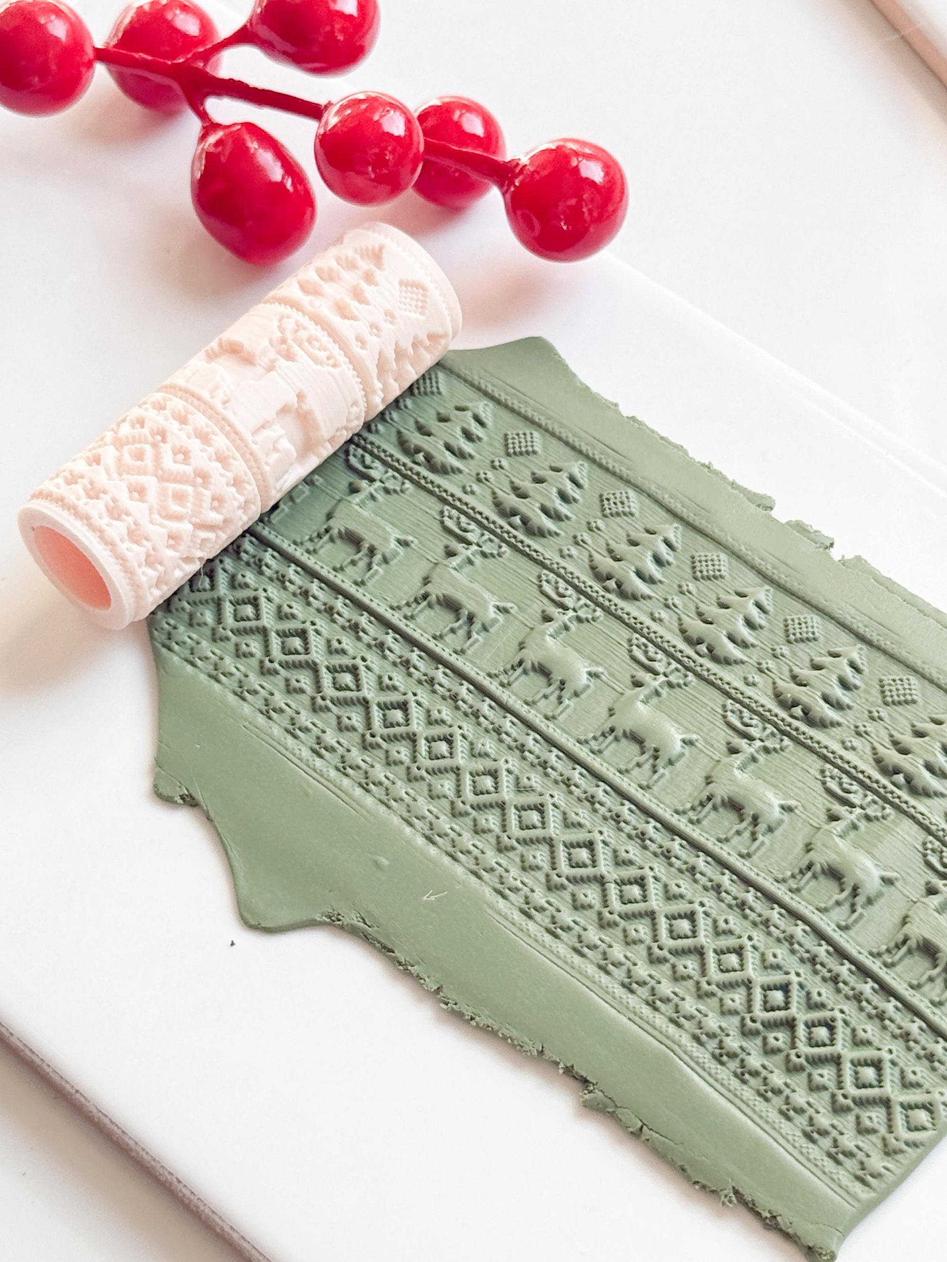 Christmas Sweater Embossing Roller – Reindeer and Tree Pattern Polymer Clay Tool