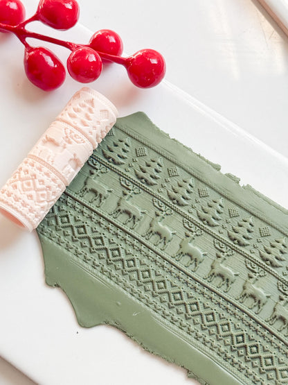 Christmas Sweater Embossing Roller – Reindeer and Tree Pattern Polymer Clay Tool