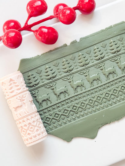Christmas Sweater Embossing Roller – Reindeer and Tree Pattern Polymer Clay Tool