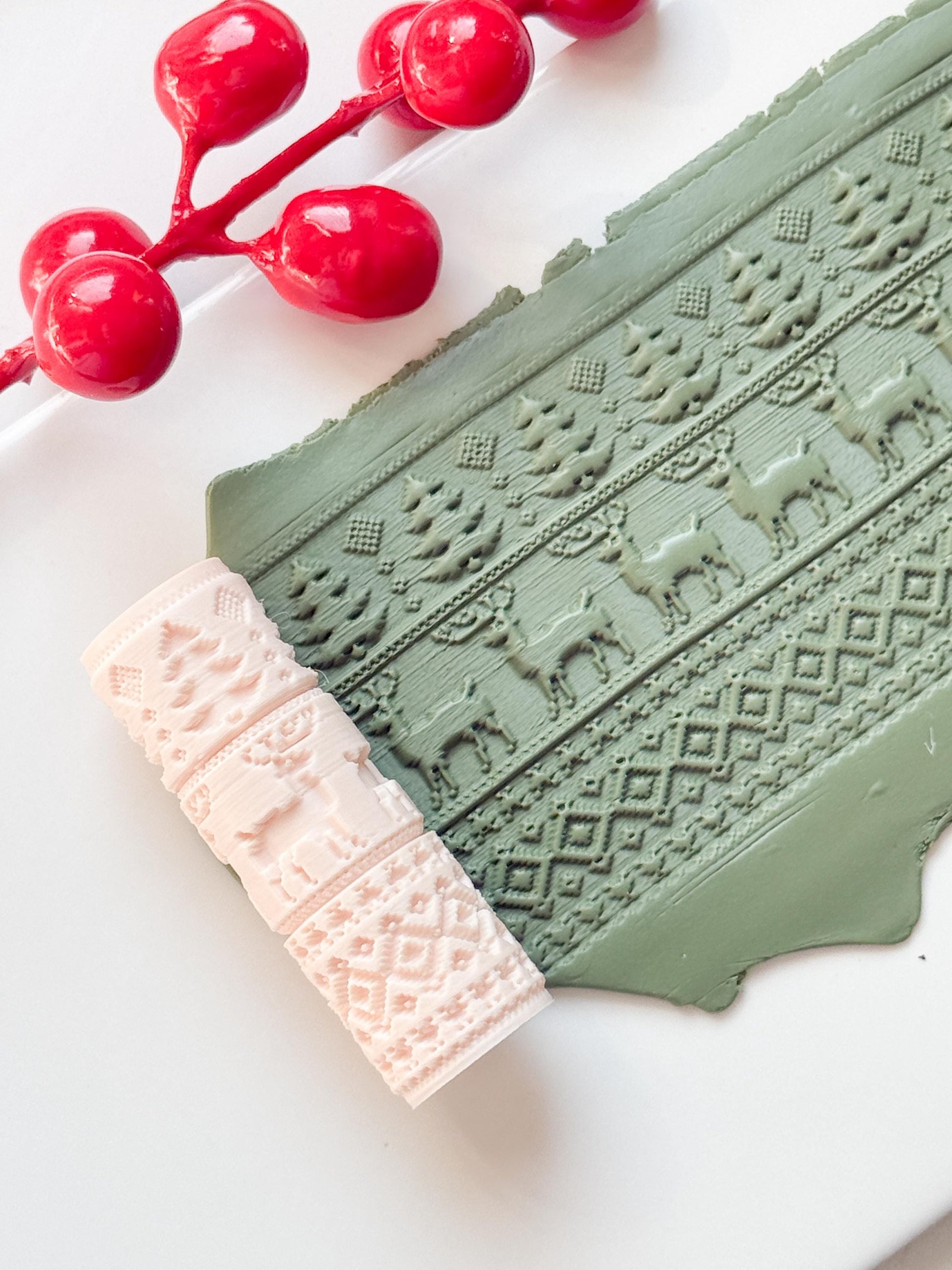 Christmas Sweater Embossing Roller – Reindeer and Tree Pattern Polymer Clay Tool