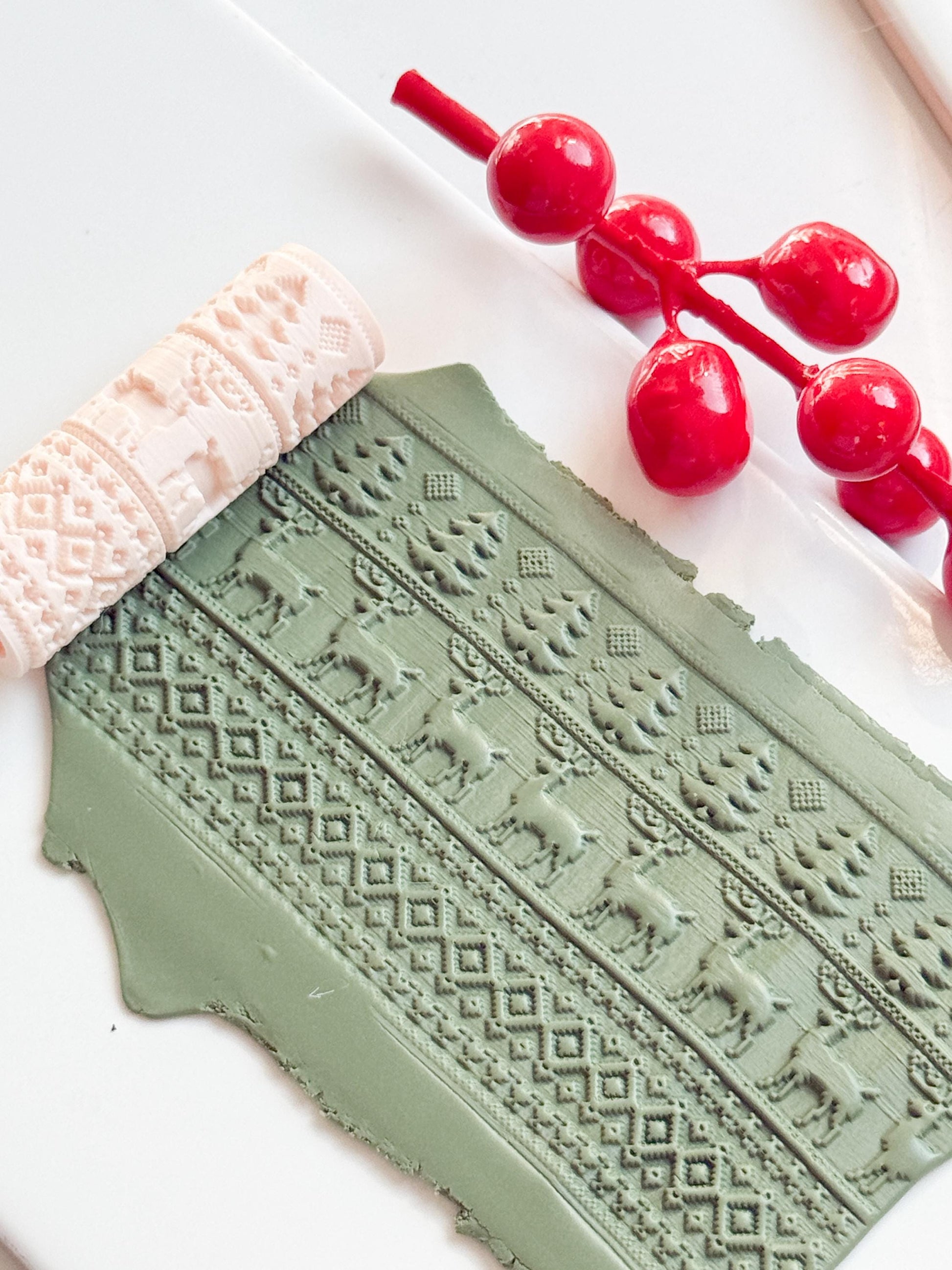 Christmas Sweater Embossing Roller – Reindeer and Tree Pattern Polymer Clay Tool