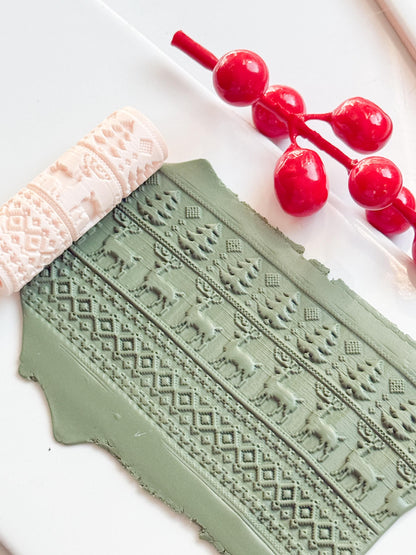Christmas Sweater Embossing Roller – Reindeer and Tree Pattern Polymer Clay Tool