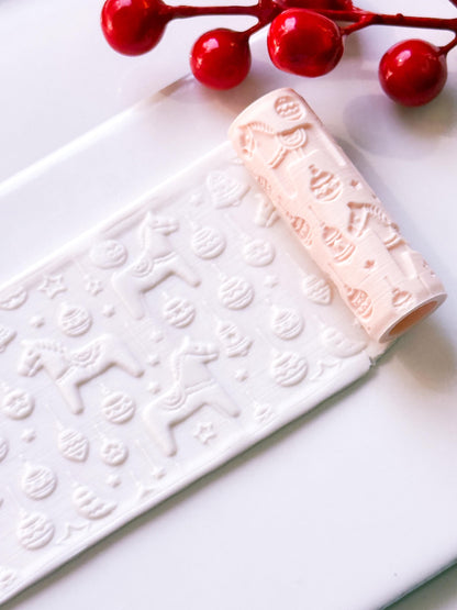 Dala Horse Emboss Roller for Polymer Clay – Scandinavian Christmas Texture Rolling Pin