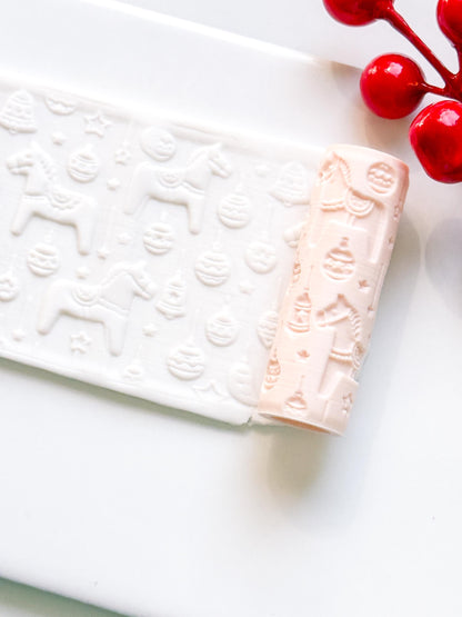 Dala Horse Emboss Roller for Polymer Clay – Scandinavian Christmas Texture Rolling Pin