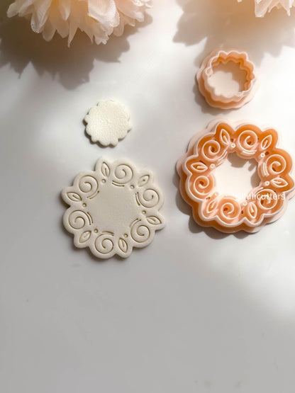 Swirl Floral Clay Cutter Set Faux Ceramic Style with Topper + Imprint Base