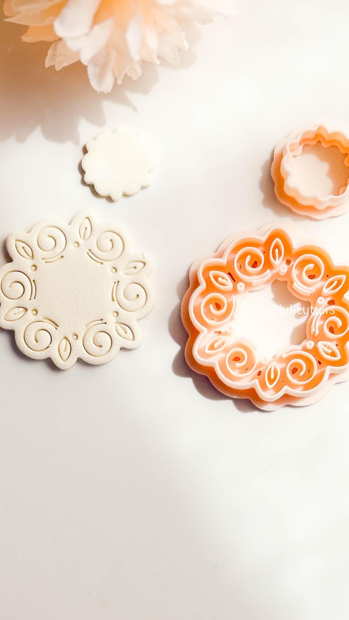 Swirl Floral Clay Cutter Set Faux Ceramic Style with Topper + Imprint Base