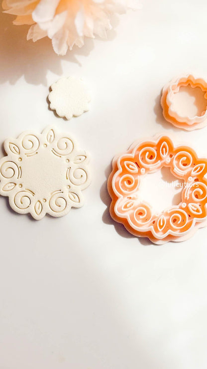 Swirl Floral Clay Cutter Set Faux Ceramic Style with Topper + Imprint Base