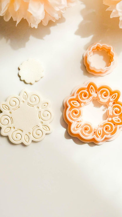 Swirl Floral Clay Cutter Set Faux Ceramic Style with Topper + Imprint Base