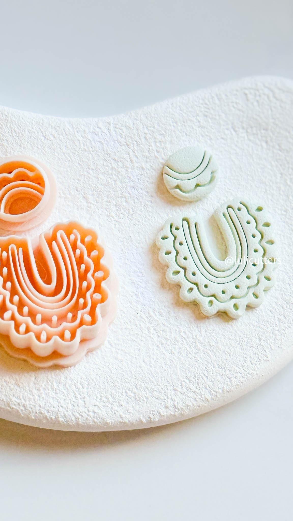 Scalloped Arch Clay Earring Cutter Set Includes Dotted Imprint Base + Circle Topper