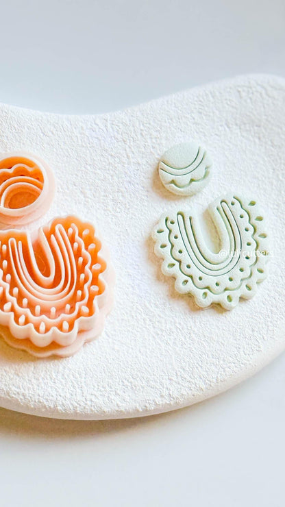 Scalloped Arch Clay Earring Cutter Set Includes Dotted Imprint Base + Circle Topper
