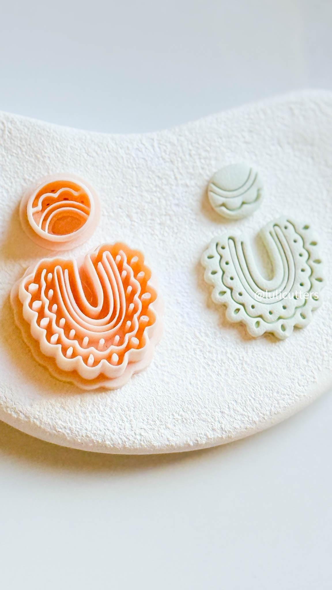 Scalloped Arch Clay Earring Cutter Set Includes Dotted Imprint Base + Circle Topper