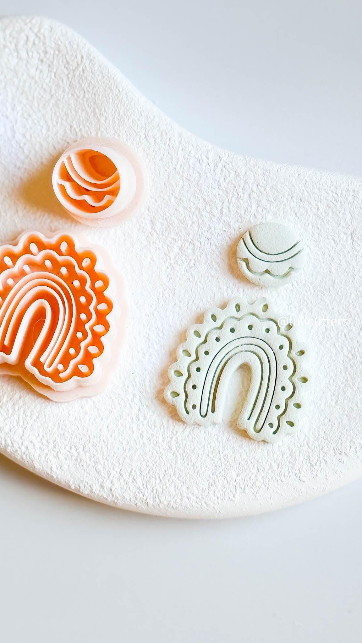 Scalloped Arch Clay Earring Cutter Set Includes Dotted Imprint Base + Circle Topper