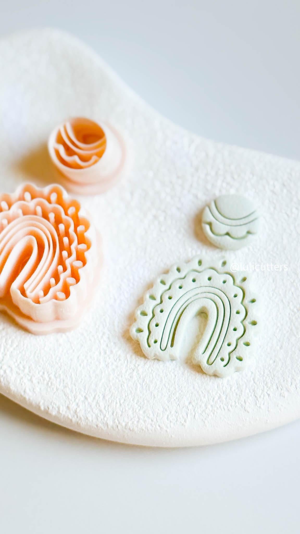 Scalloped Arch Clay Earring Cutter Set Includes Dotted Imprint Base + Circle Topper