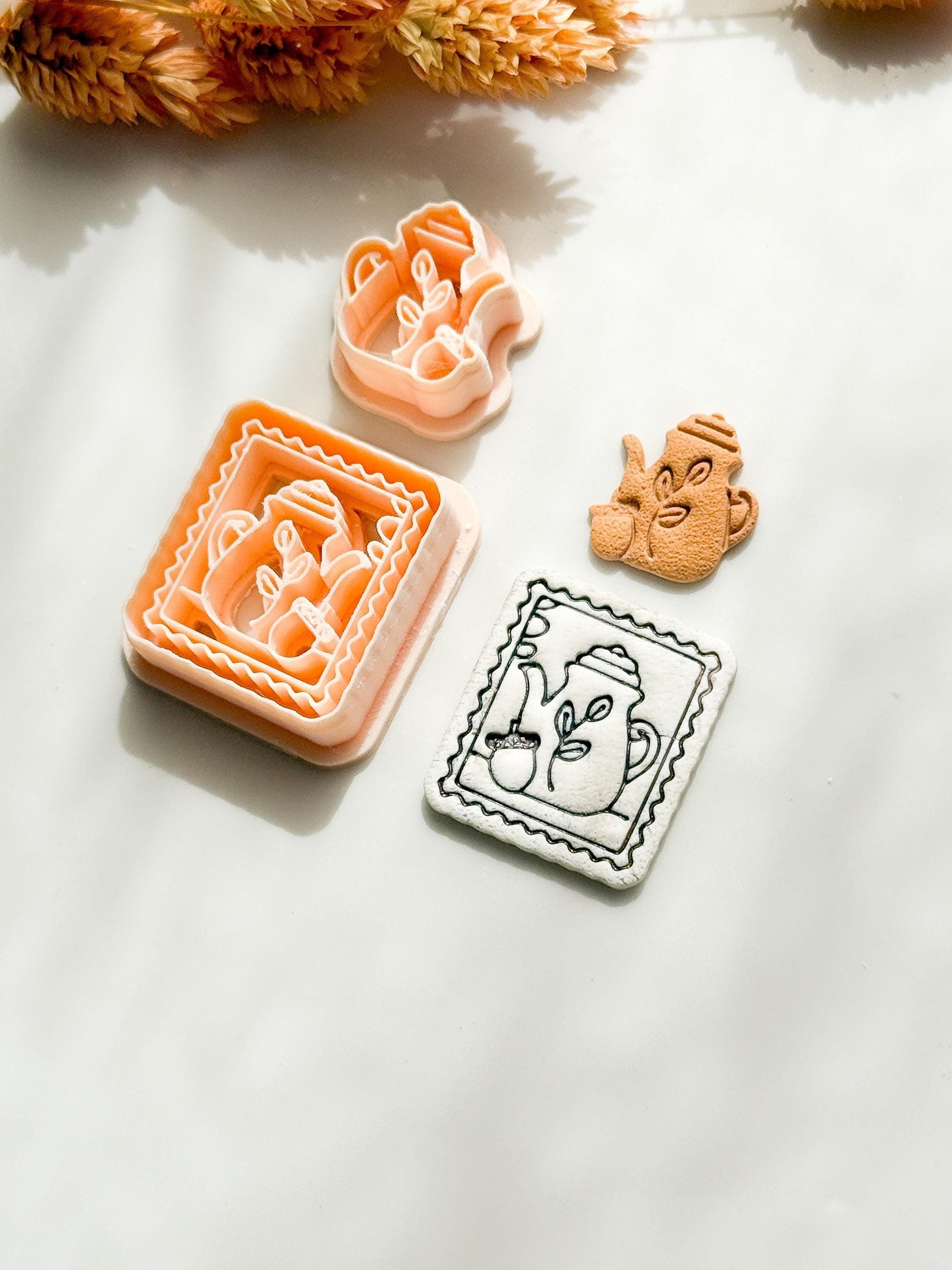 Teapot Clay Cutter Set, Leafy Teapot & Cup with Scalloped Frame