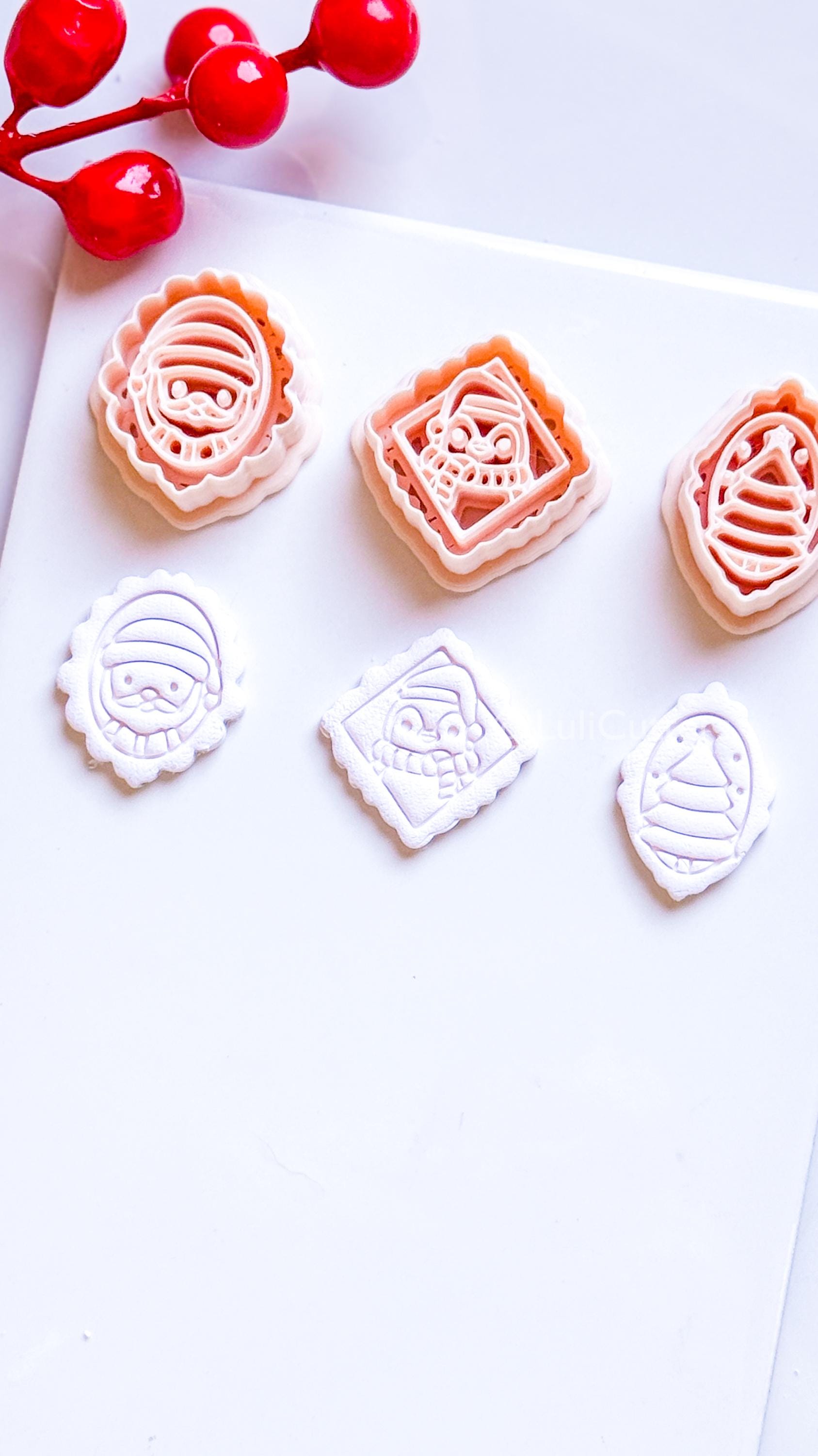 Framed Christmas Clay Cutter Set – Santa, Tree & Penguin Polymer Clay Earring Shapes