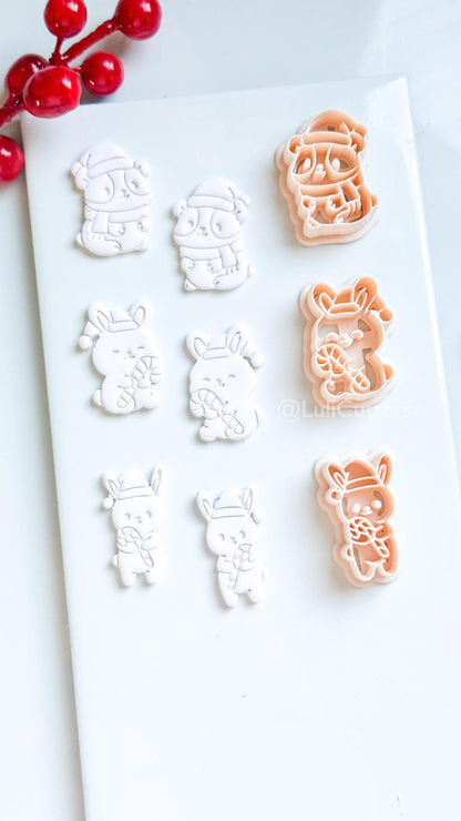 Christmas Bunny & Hamster Clay Cutter Set – Holiday Animals with Candy Cane Polymer Clay Tools