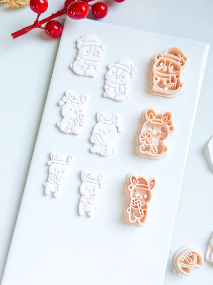 Christmas Bunny & Hamster Clay Cutter Set – Holiday Animals with Candy Cane Polymer Clay Tools