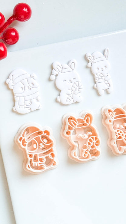 Christmas Bunny & Hamster Clay Cutter Set – Holiday Animals with Candy Cane Polymer Clay Tools