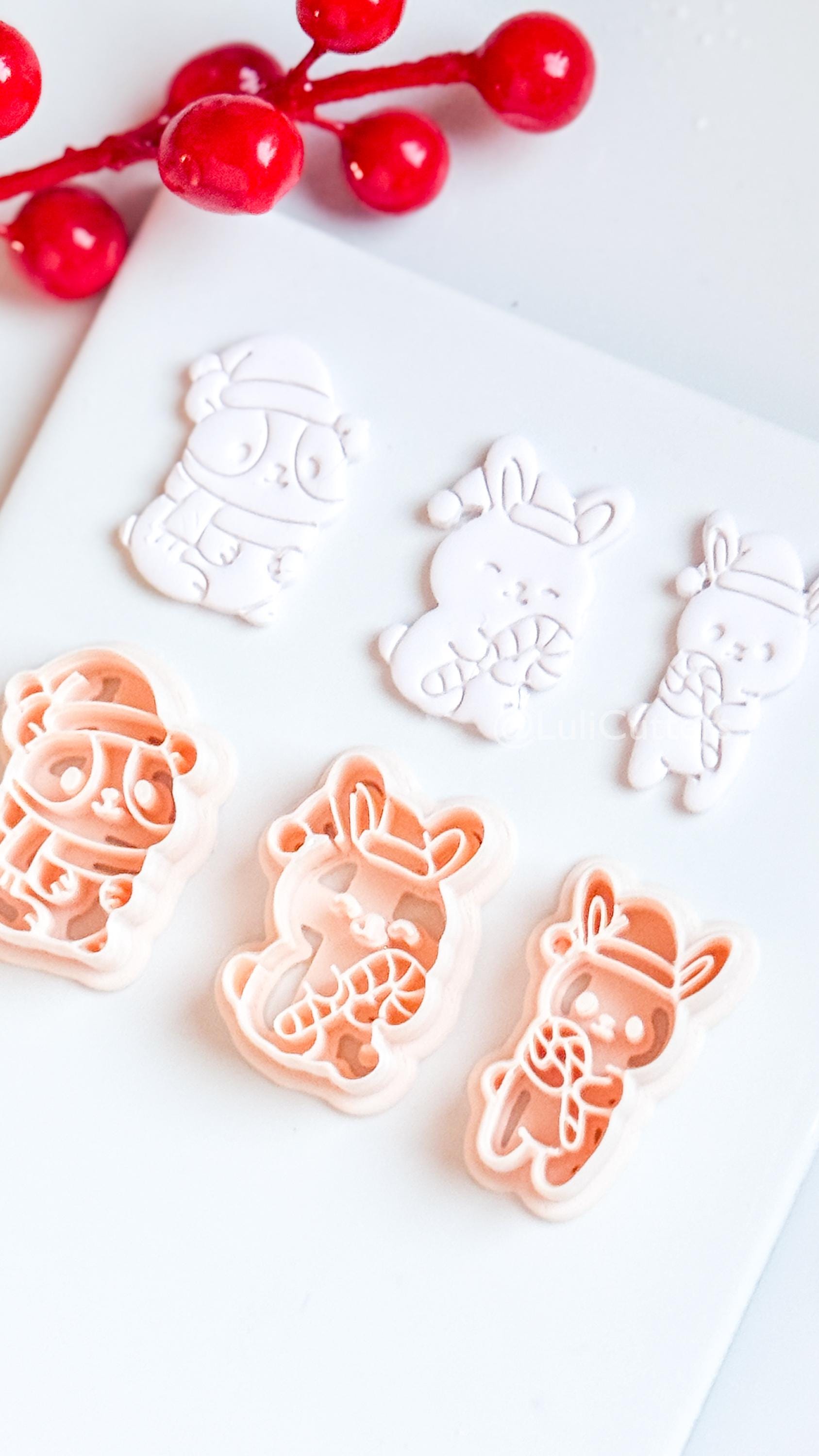 Christmas Bunny & Hamster Clay Cutter Set – Holiday Animals with Candy Cane Polymer Clay Tools
