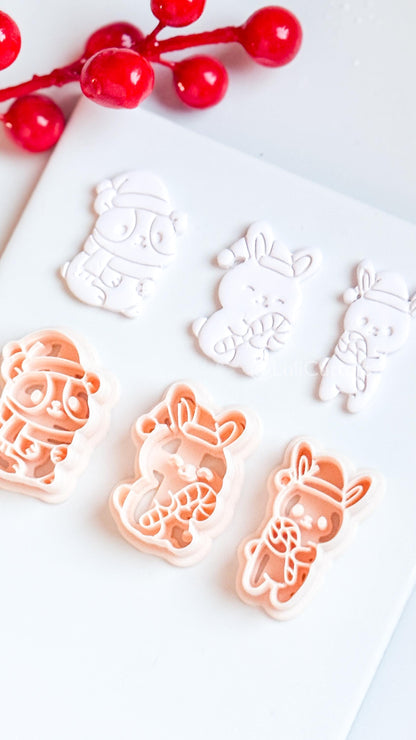 Christmas Bunny & Hamster Clay Cutter Set – Holiday Animals with Candy Cane Polymer Clay Tools