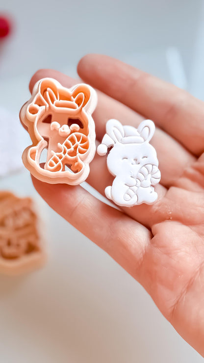 Christmas Bunny & Hamster Clay Cutter Set – Holiday Animals with Candy Cane Polymer Clay Tools