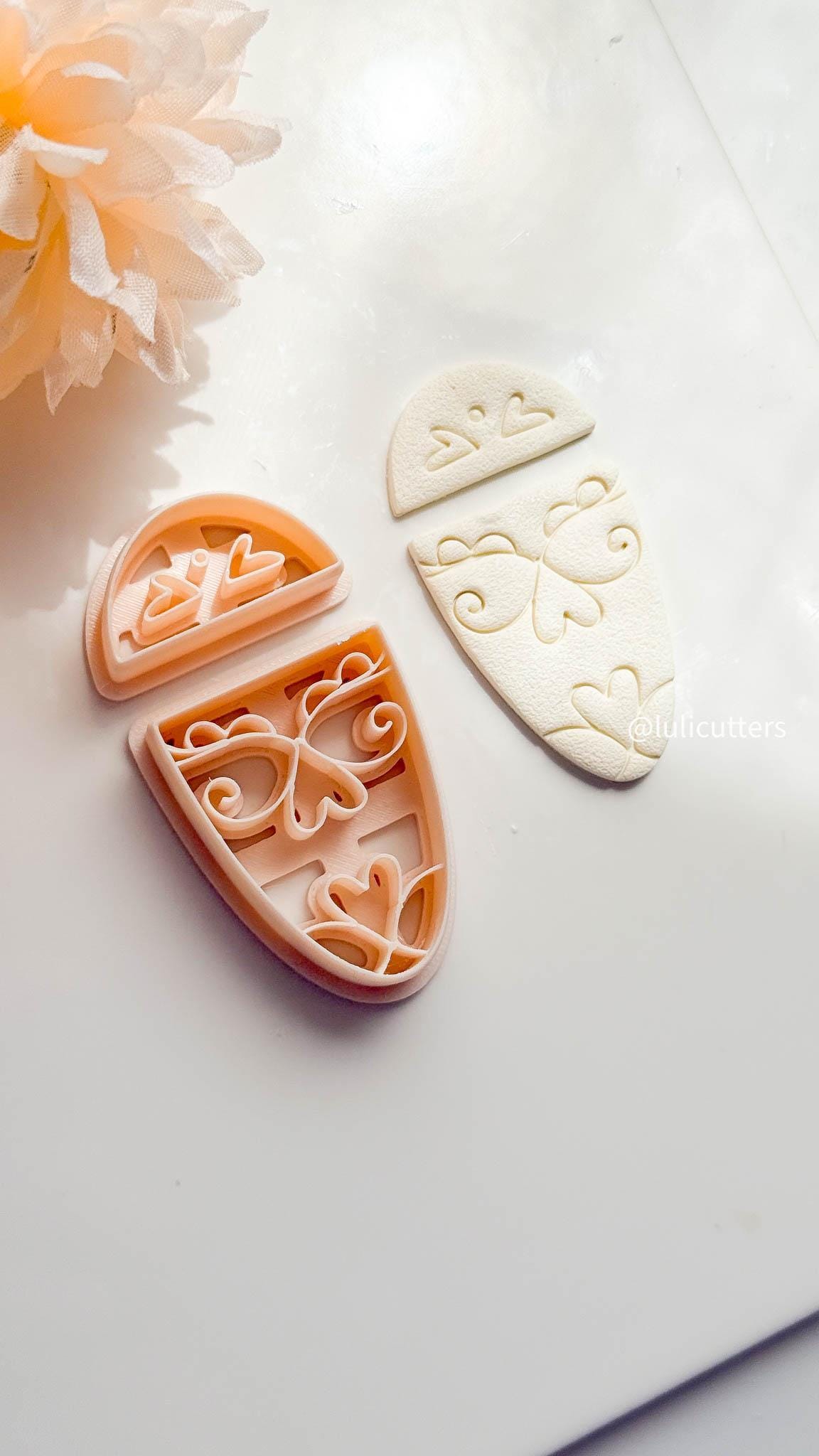 Heart Scroll Earring Cutter Set Includes Top Half-Circle + Faux Ceramic Base