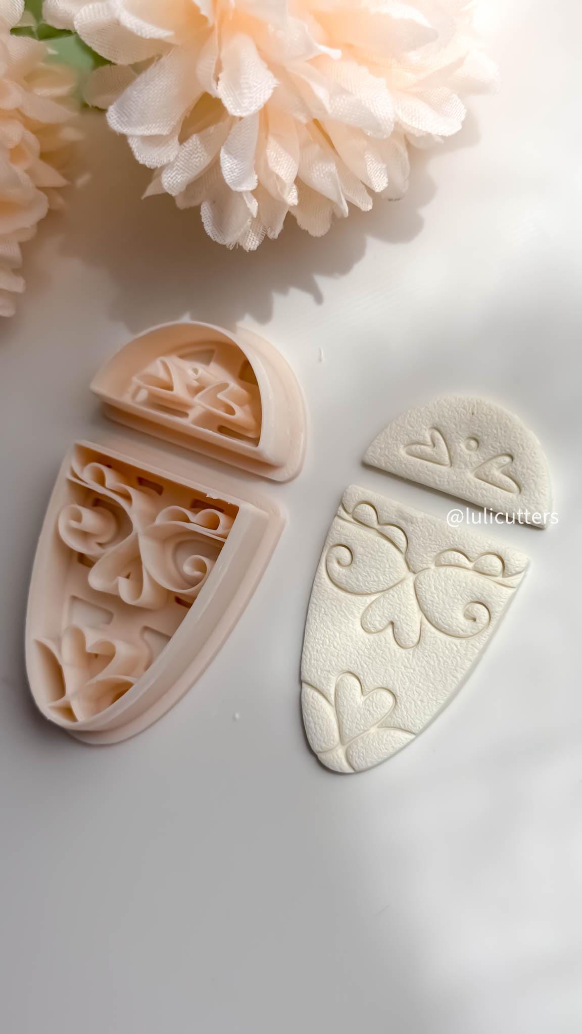 Heart Scroll Earring Cutter Set Includes Top Half-Circle + Faux Ceramic Base