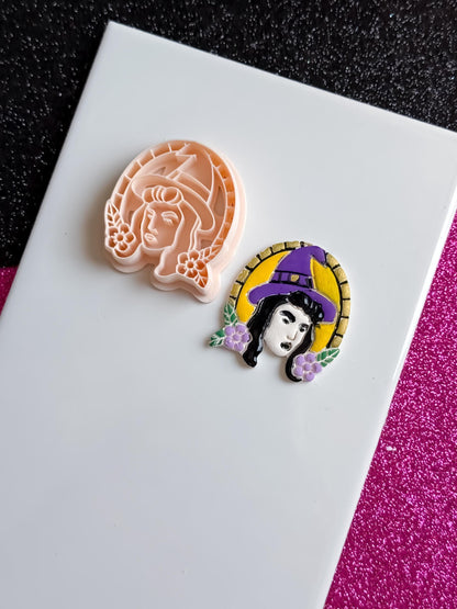 Witch Portrait Clay Cutter: Halloween Floral Hat Cameo Mold