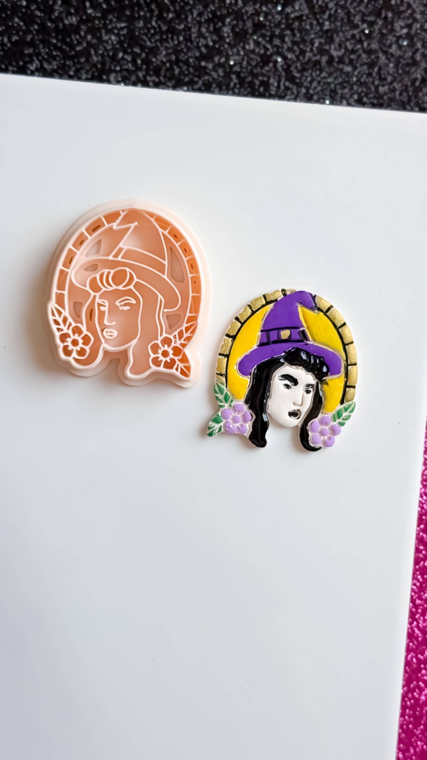 Witch Portrait Clay Cutter: Halloween Floral Hat Cameo Mold