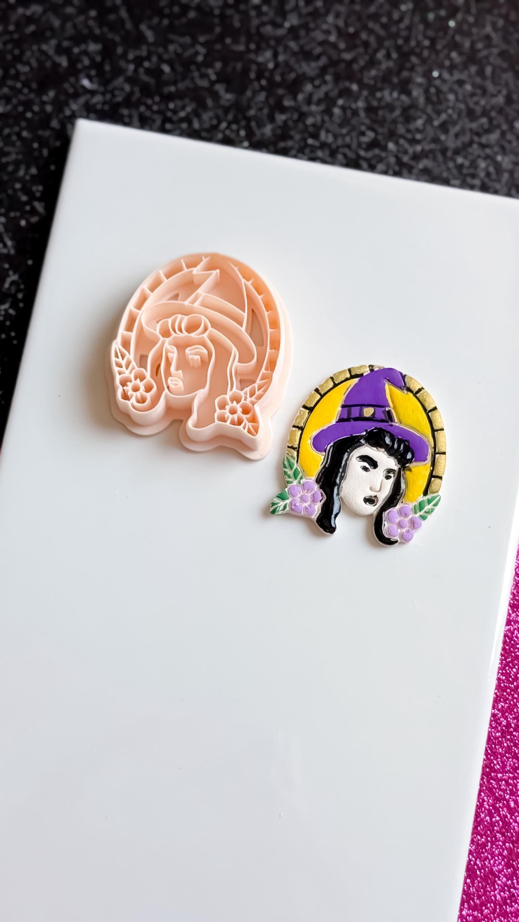 Witch Portrait Clay Cutter: Halloween Floral Hat Cameo Mold