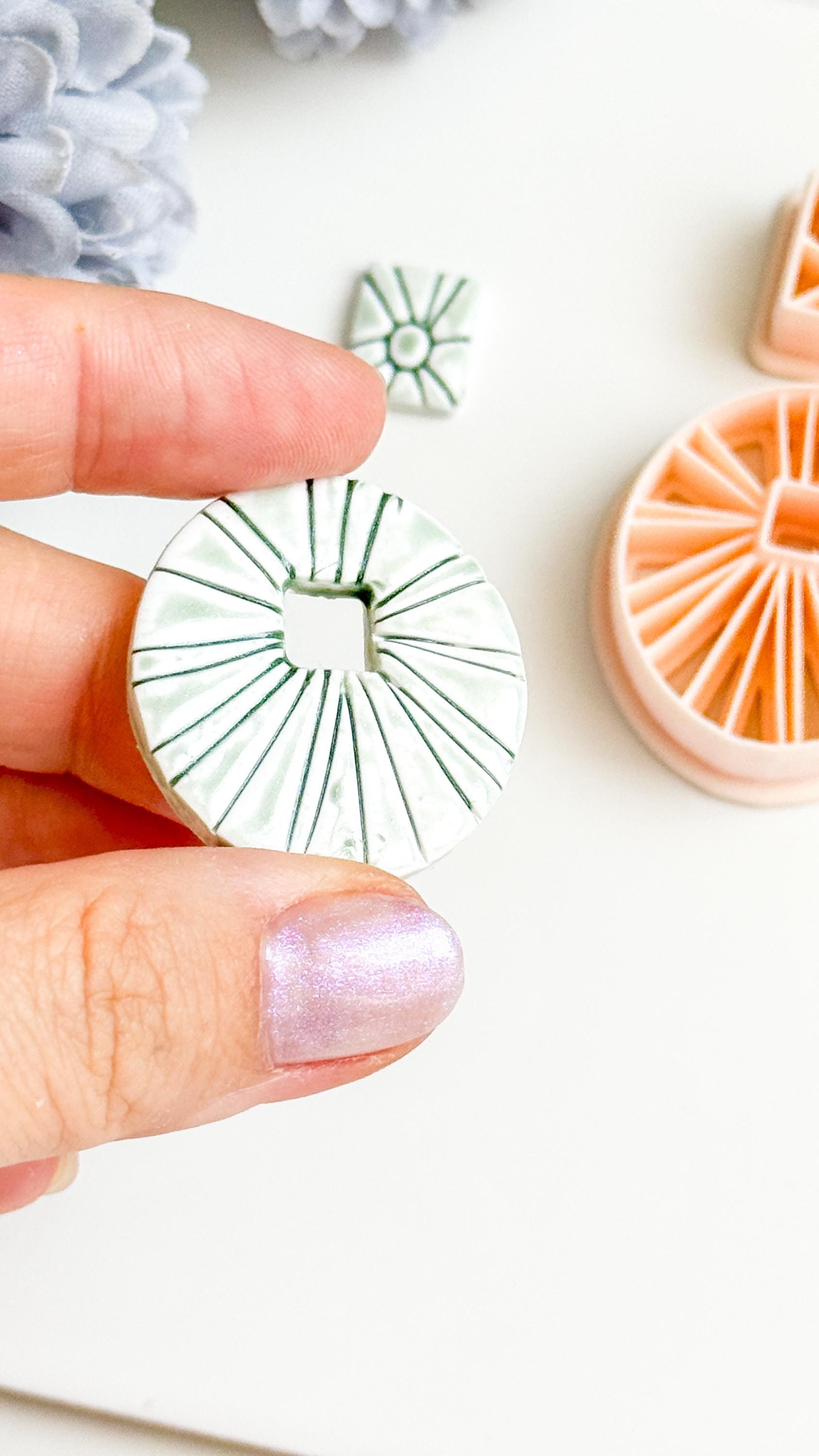 Sunburst Circle Clay Earring Cutter Set Includes Square Topper + Radiating Debossed Round Base