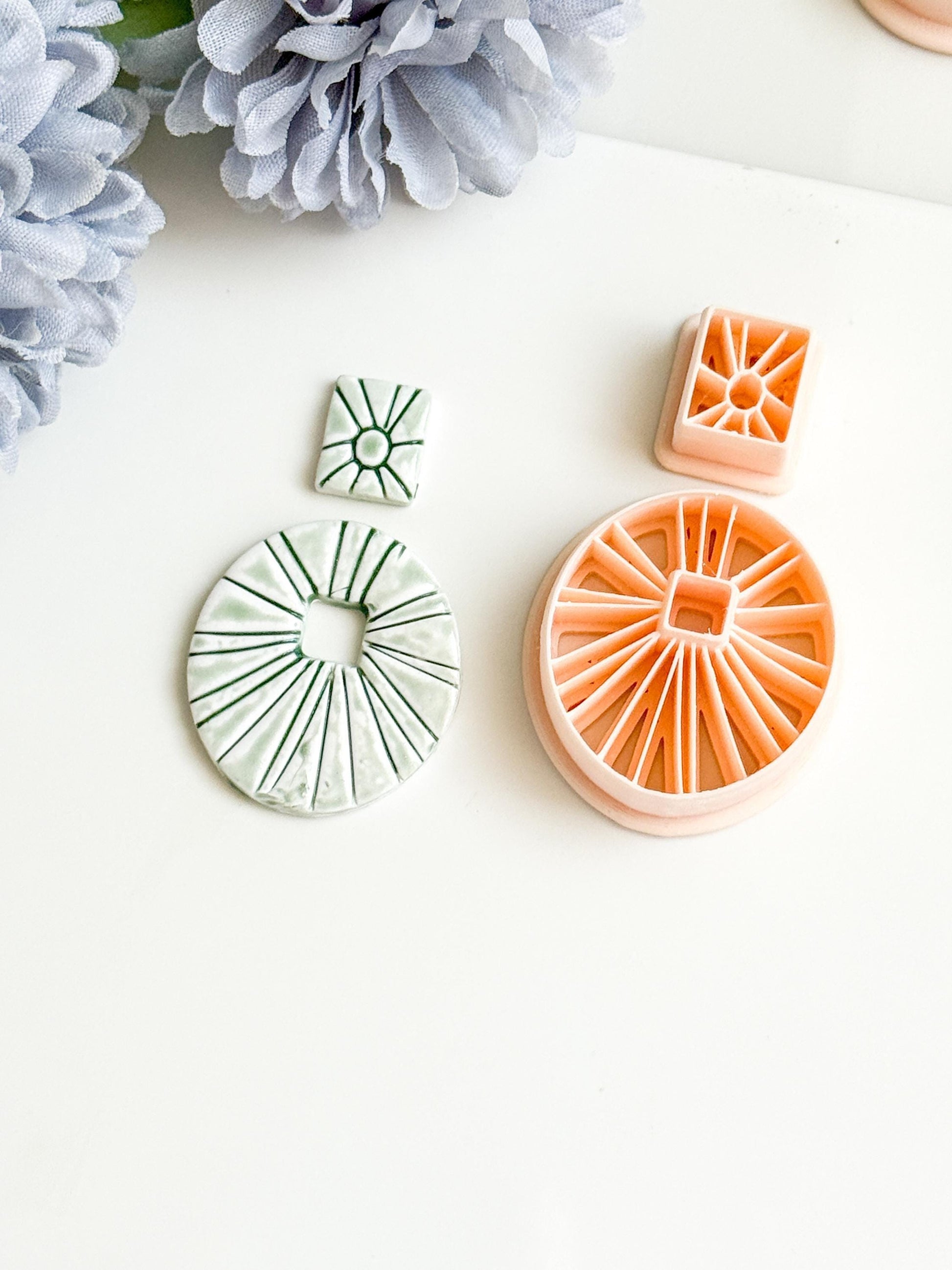 Sunburst Circle Clay Earring Cutter Set Includes Square Topper + Radiating Debossed Round Base