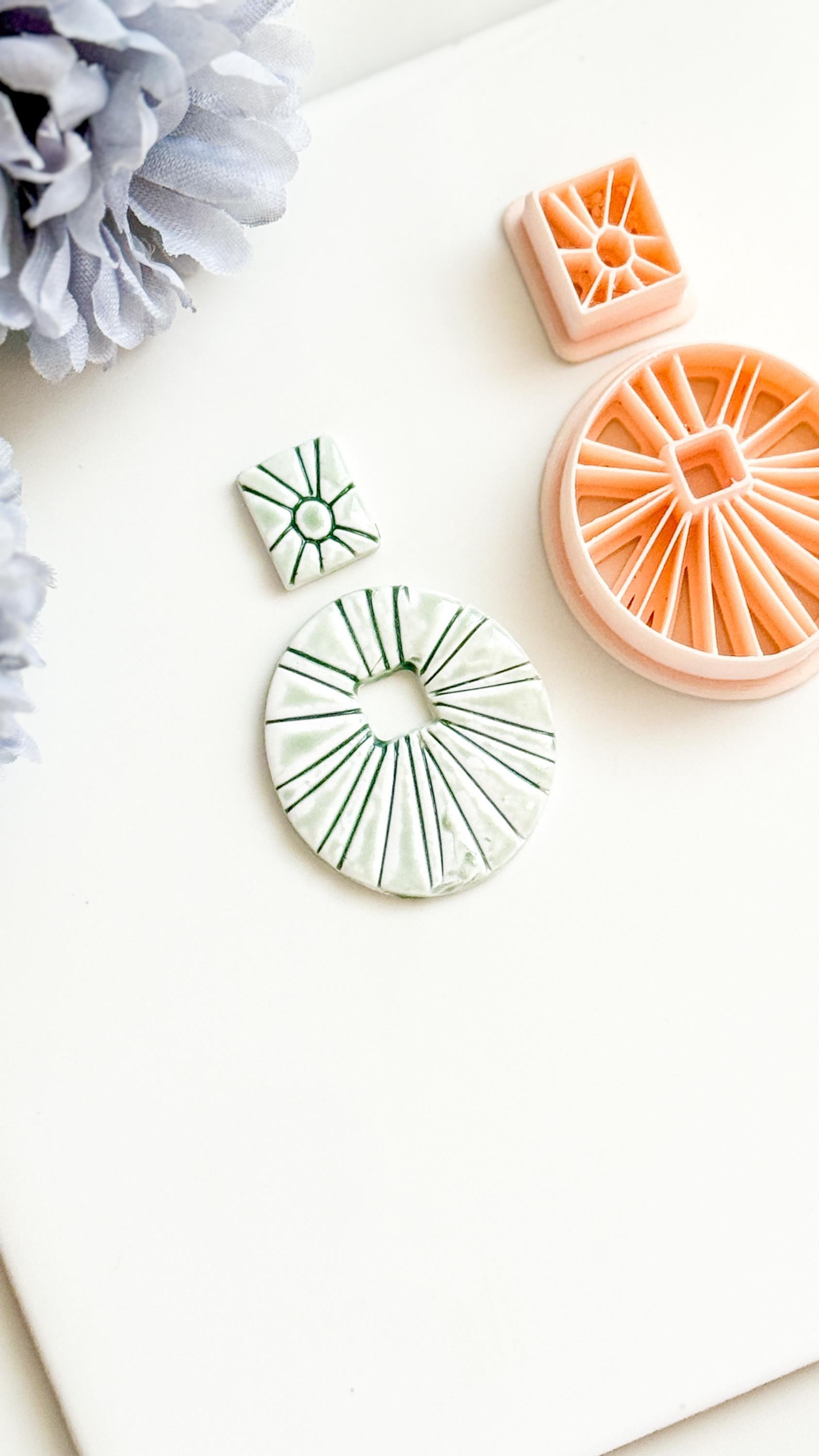 Sunburst Circle Clay Earring Cutter Set Includes Square Topper + Radiating Debossed Round Base