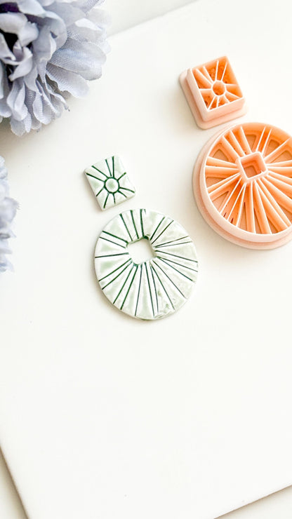 Sunburst Circle Clay Earring Cutter Set Includes Square Topper + Radiating Debossed Round Base