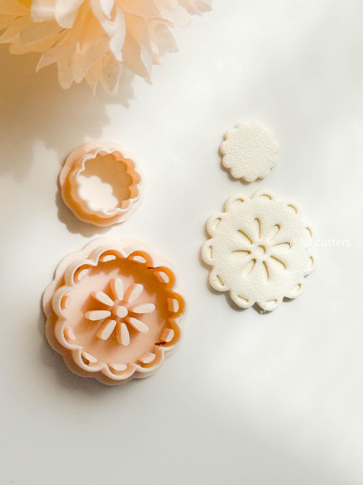 Scalloped Floral Earring Cutter Set Includes Faux Ceramic Style Base + Topper